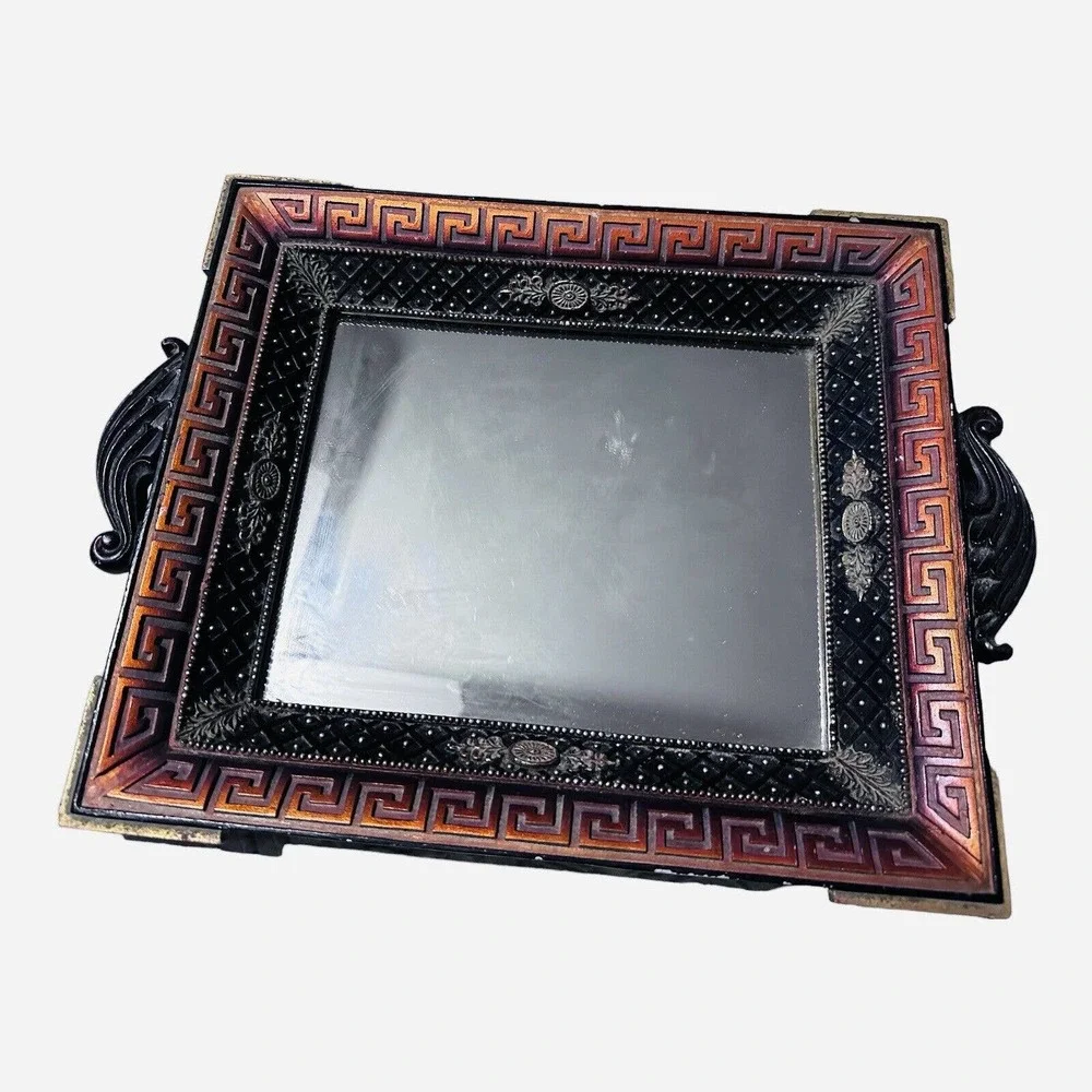 VINTAGE Mosaic Greek Key Dresser Vanity Tray Mirror Mosaic Ornate Trinket Tray